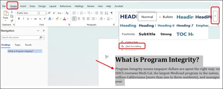 How to clear formatting in styles tab